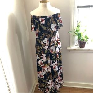 Umgee Brown Floral Off Shoulder Ruffle Jumpsuit